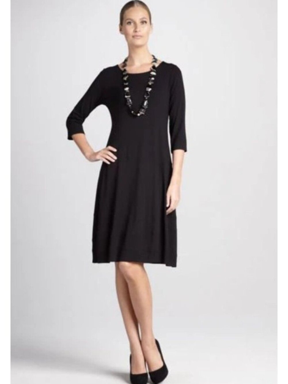 EILEEN FISHER Basic Solid Black Sz Large Stretchy Jersey Knit Knee Length Dress
